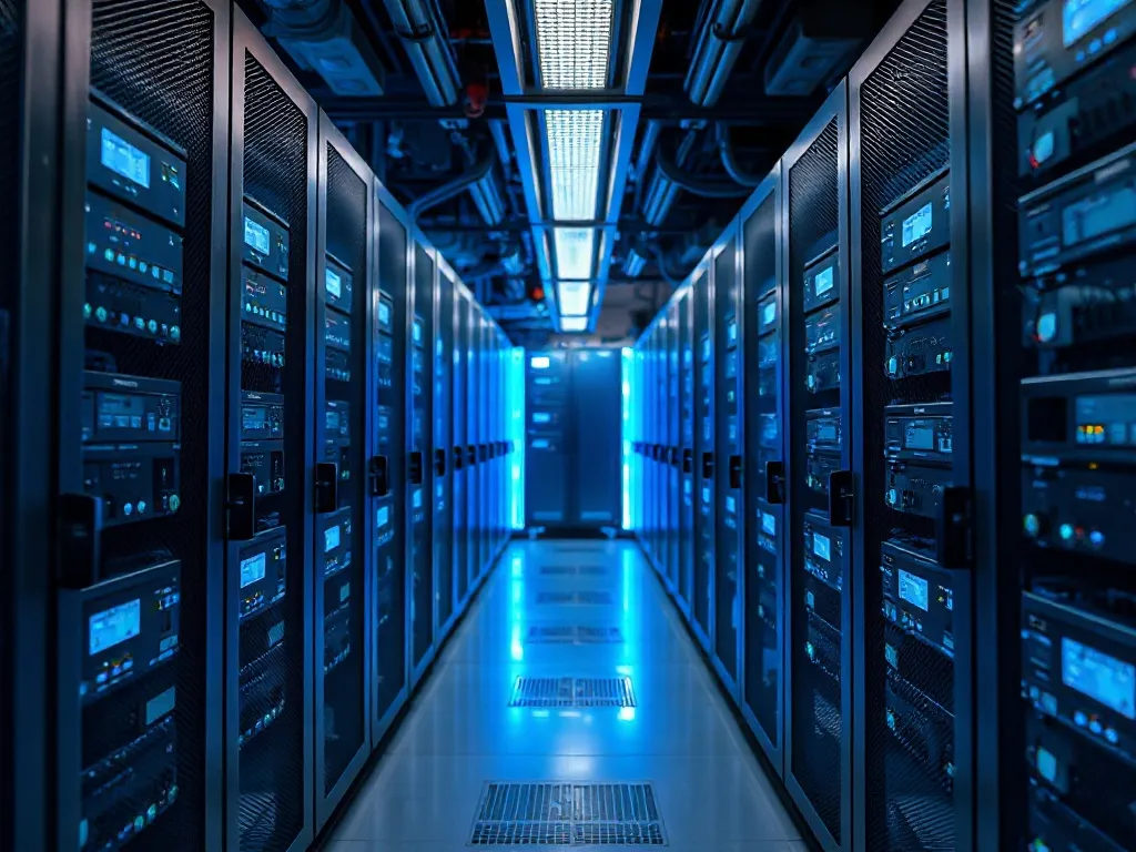 High-tech server room with blue LED lights, clean industrial