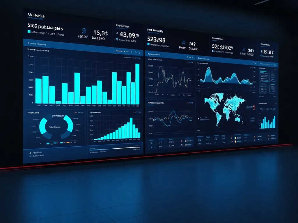 A futuristic data visualization dashboard on a large screen,