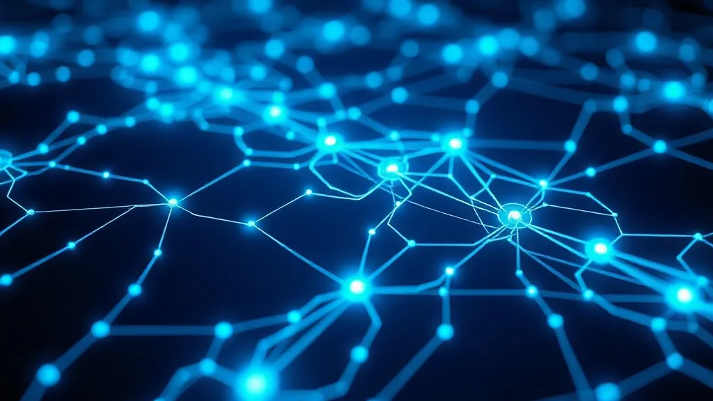 A technical 3D visualization of a data flow network with glo