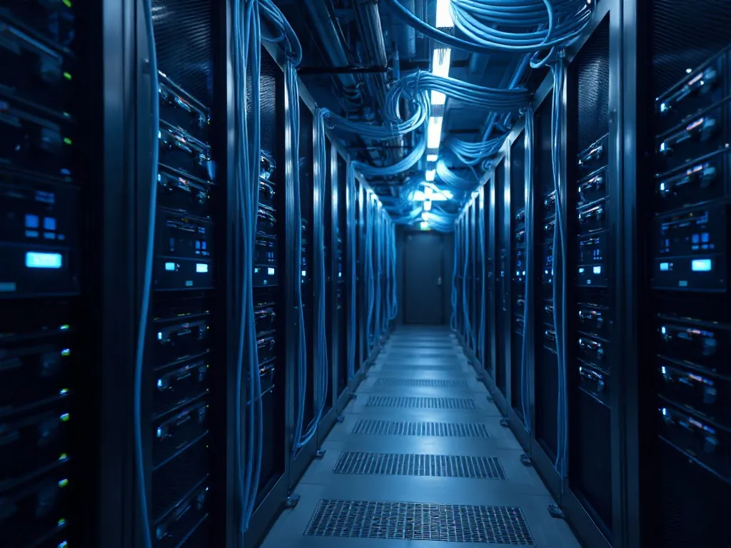 High-tech server room with glowing blue cables and dark meta